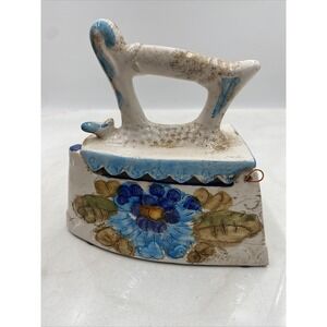 Vtg Ceramic Iron Trinket Box Italy Pottery Hinged Lid Carved Flowers